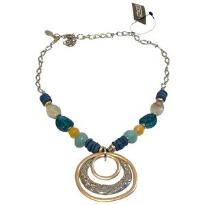 CHICO’s Coastal Two-Tone Medallion Blue Beaded Bib Necklace | NWT
